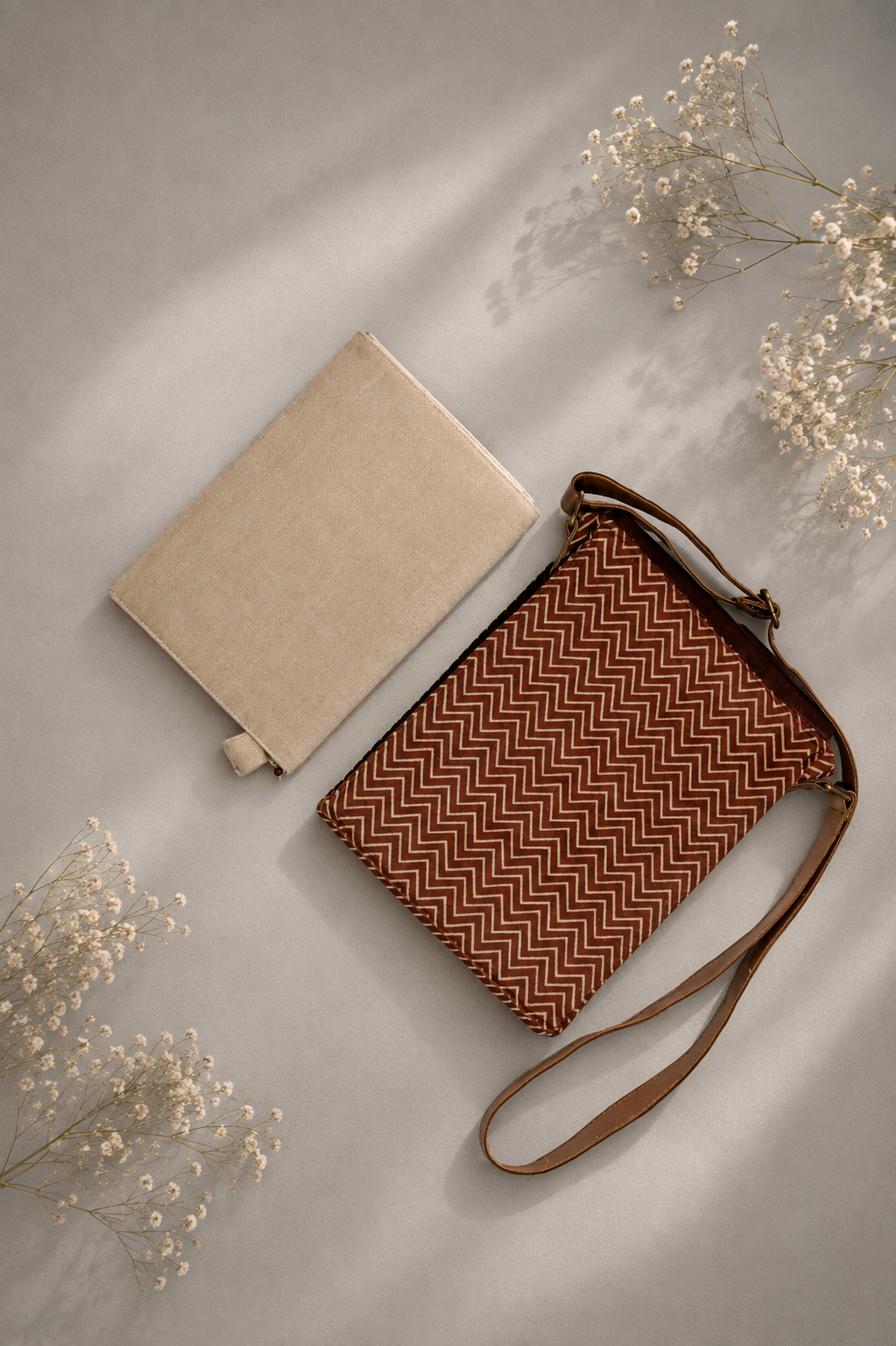 Backside of Rust and Maroon Sling bag with a handmade beige daily journaljournal i