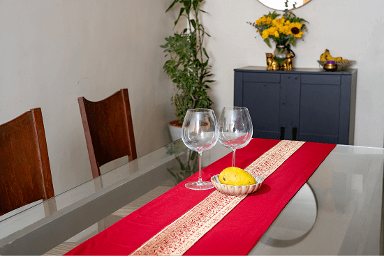 Bhumija Festive Art Silk Table Runner with Red & Gold - Large