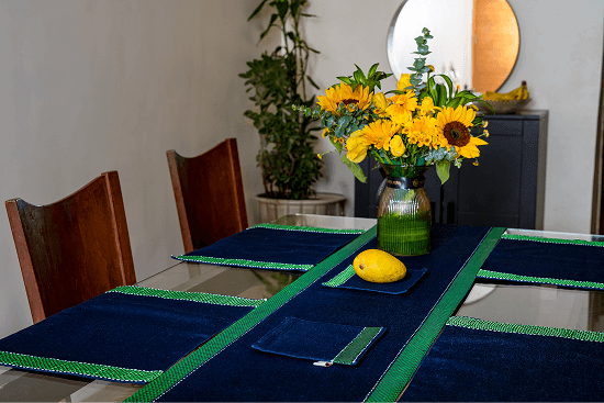 Bhumija Denim with Khun Border Dining Set - 1 Large Table Runner 4 Table Mats and 2 Trivets