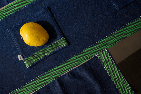 Bhumija Denim with Khun Border Dining Set - 1 Large Table Runner 4 Table Mats and 2 Trivets