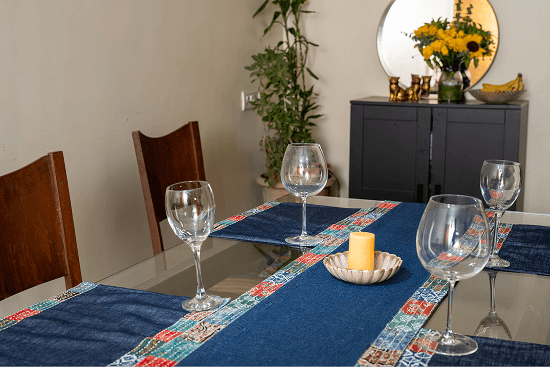 Earth Story Denim with Patchwork border - 1 Large Table Runner and 6 Table Mats