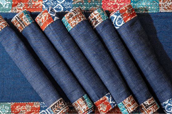 Earth Story Denim with Patchwork border - 1 Large Table Runner and 6 Table Mats