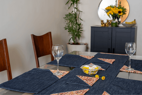 Bhumija Denim with Kalamkari  Dining Set 1 Large Table Runner - 4 Coaster - 4 Table Mats and Trivets set of 2