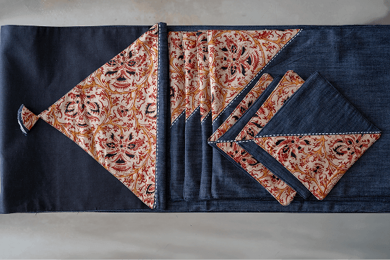Bhumija Denim with Kalamkari  Dining Set 1 Large Table Runner - 4 Coaster - 4 Table Mats and Trivets set of 2