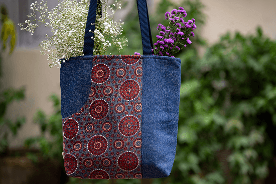 Bhumija Urban Essential Tote with Upcycled Denim and Kalamkari