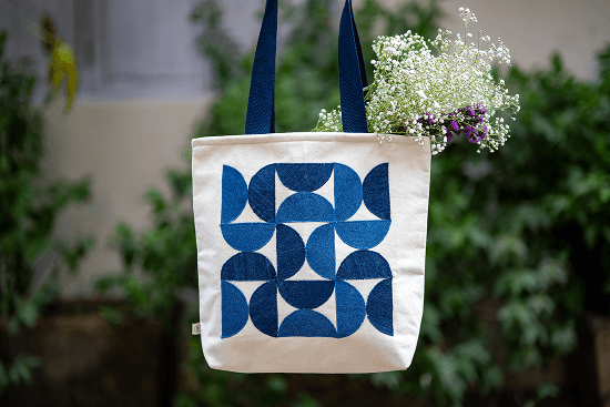 Luna Bahaus Urban Essential Canvas Tote with Upcycled Denim Patchwork