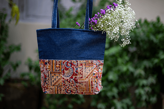 Earth Story Urban Essential Tote with Upcycled Denim and Kalamkari