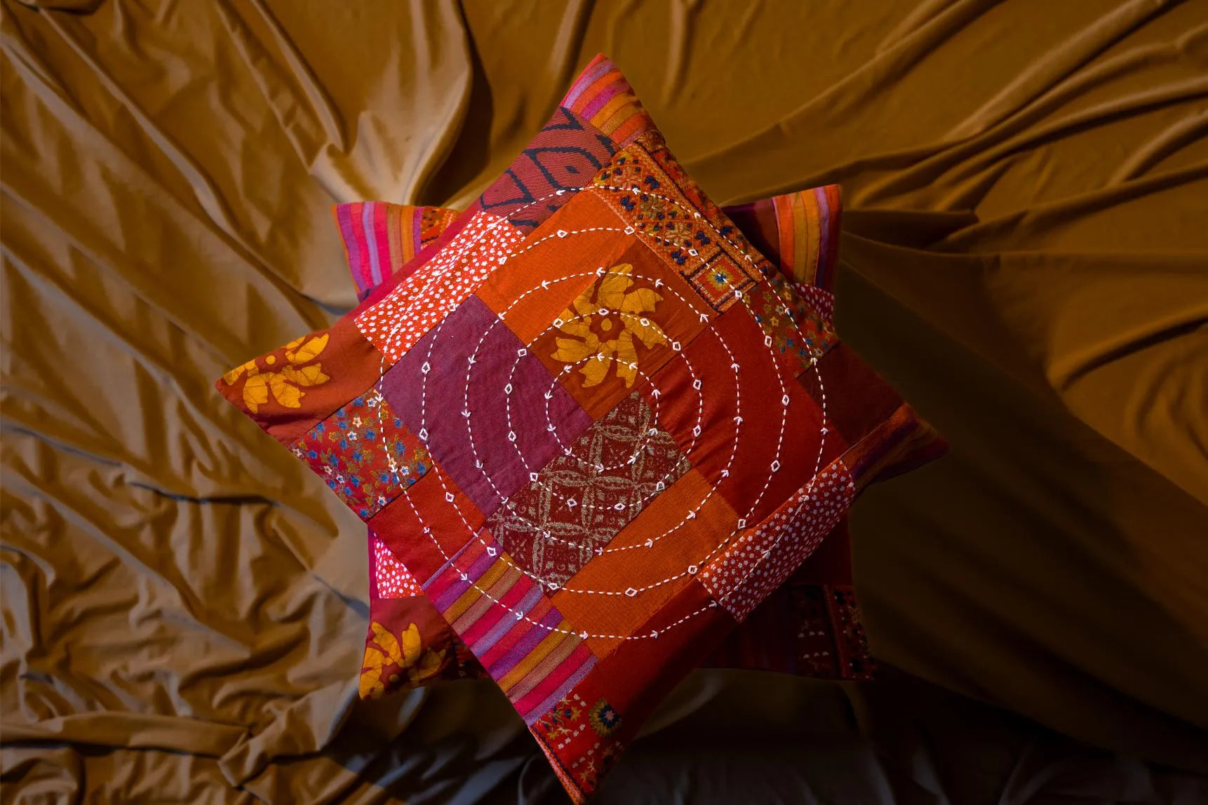 Earth Story Red Patchwork Cushion Cover 16"x16" - Set of 2