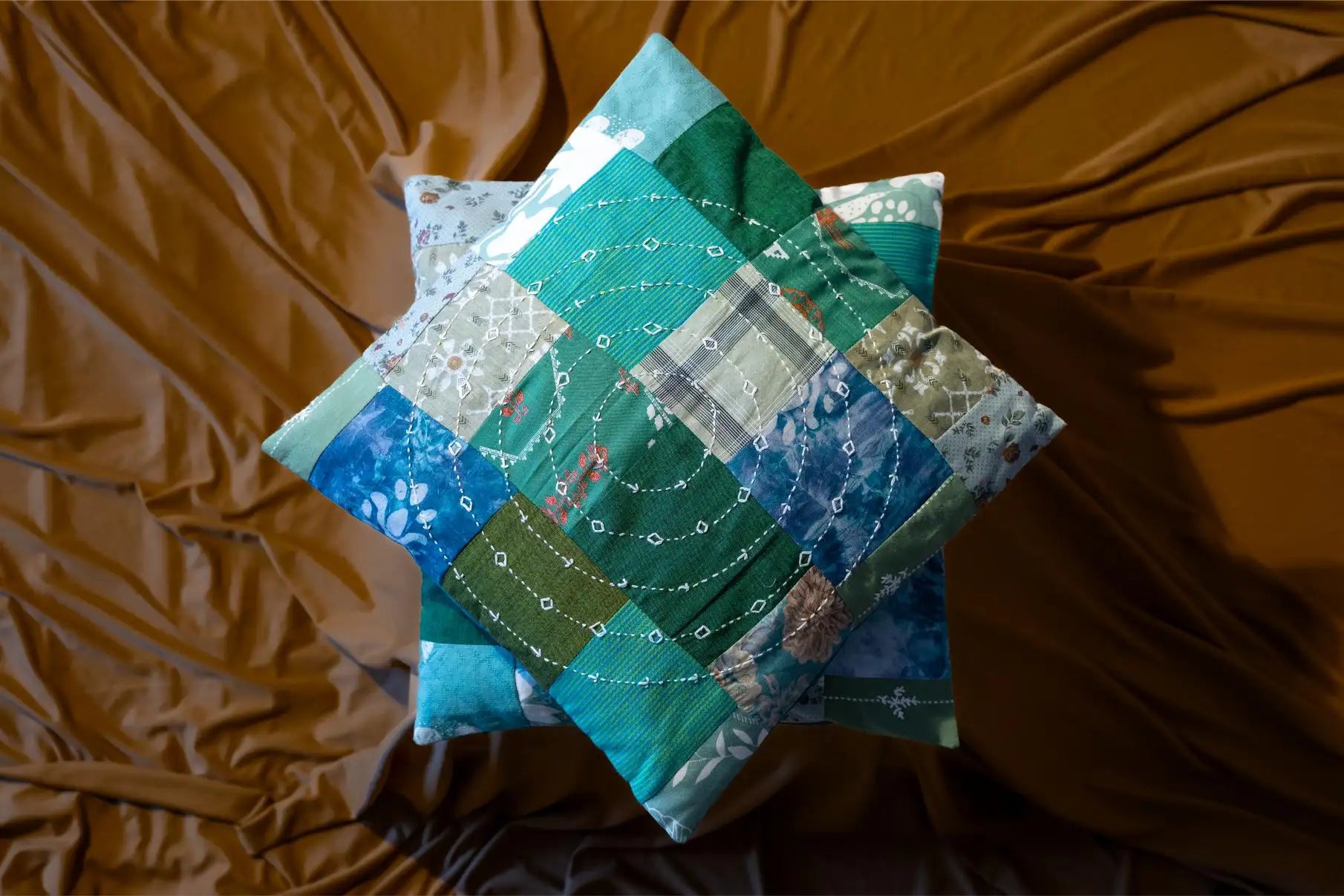 Earth Story Green Patchwork Cushion Cover 16"x16" - Set of 2