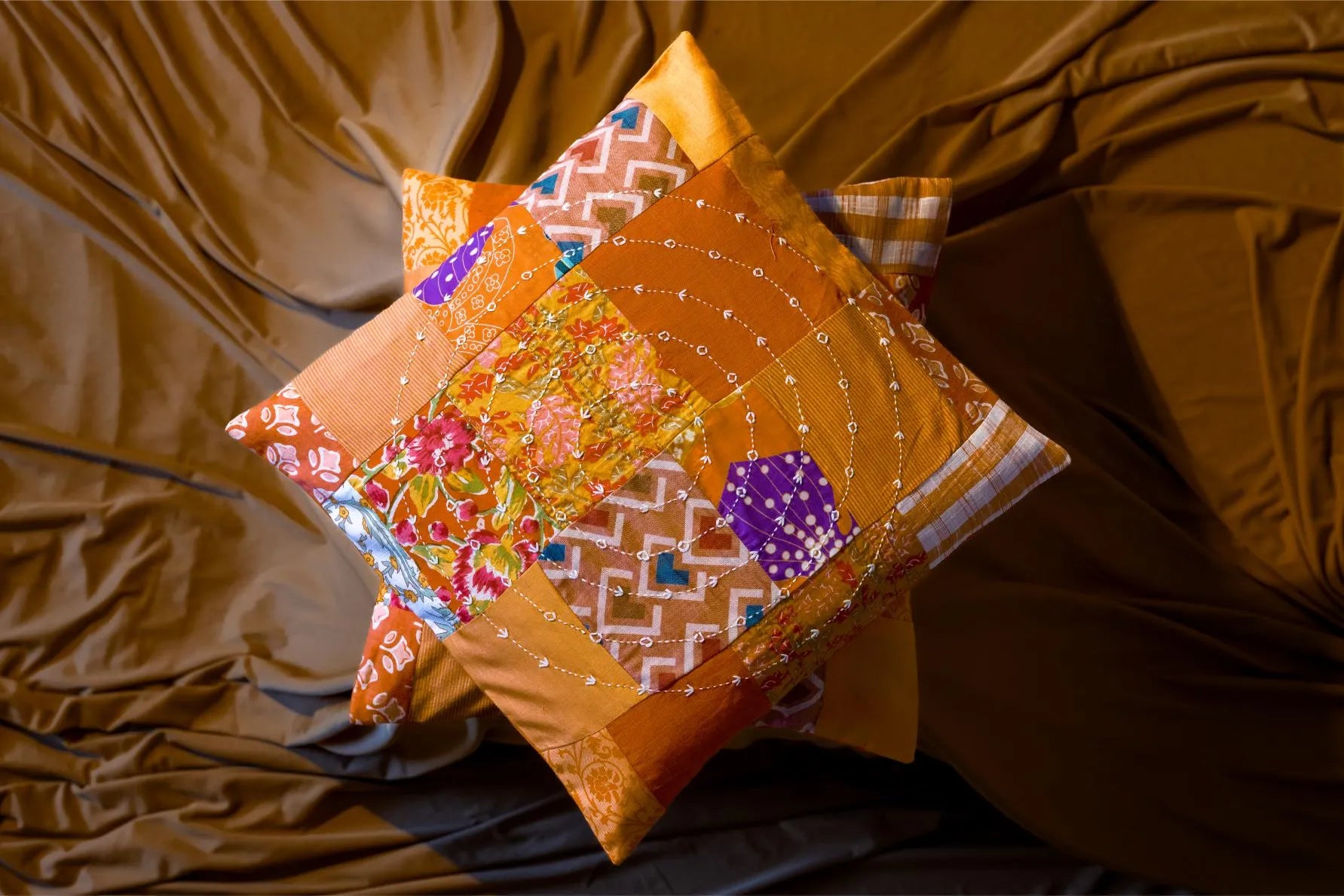 Earth Story Orange Patchwork Cushion Cover 16"x16" - Set of 2
