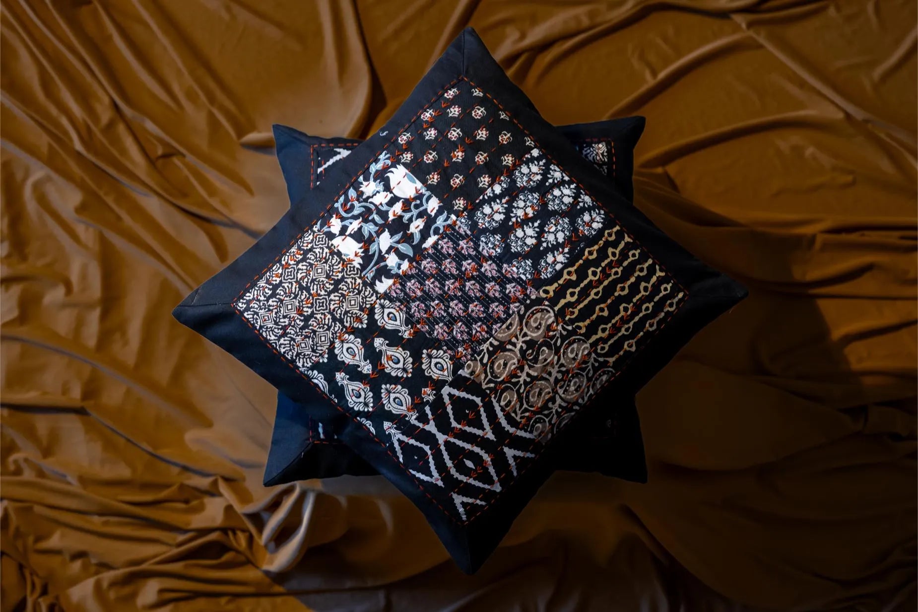 Earth Story Black Patchwork Cushion Cover 16"x16" - Set of 2