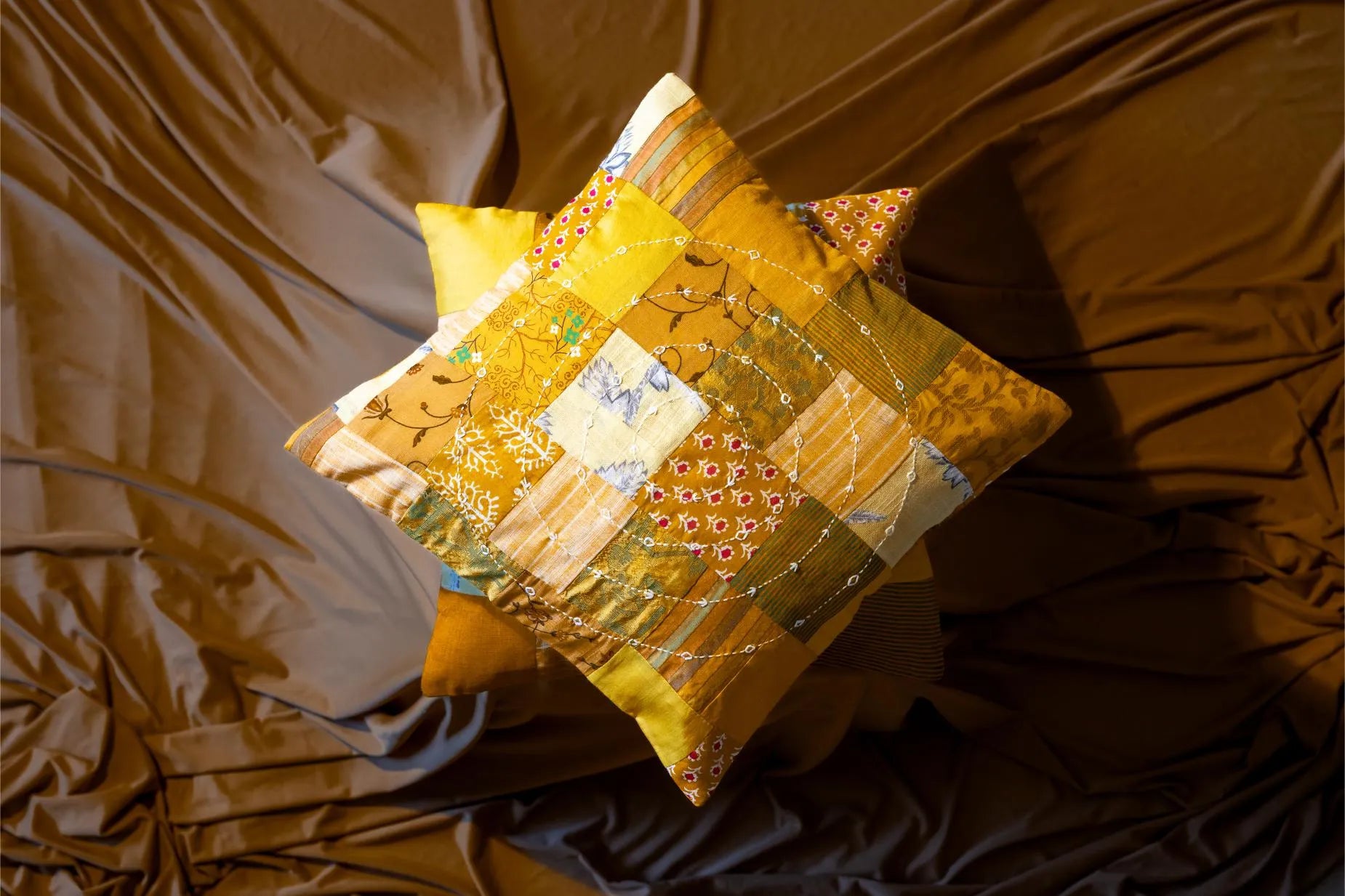 Earth Story Mustard Patchwork Cushion Cover 16'x16" - Set of 2
