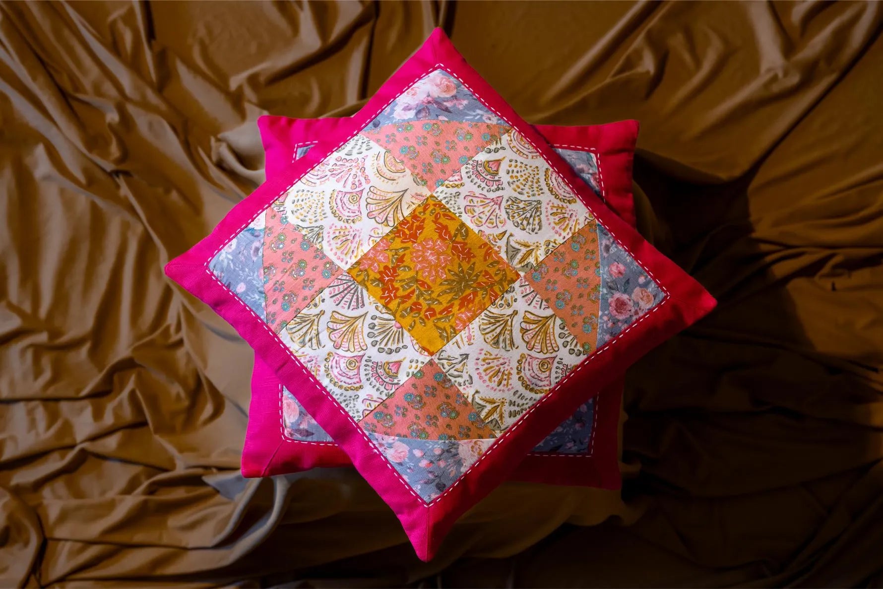 Earth Story Pink Patchwork Cushion Cover 16"x16" - Set of 2