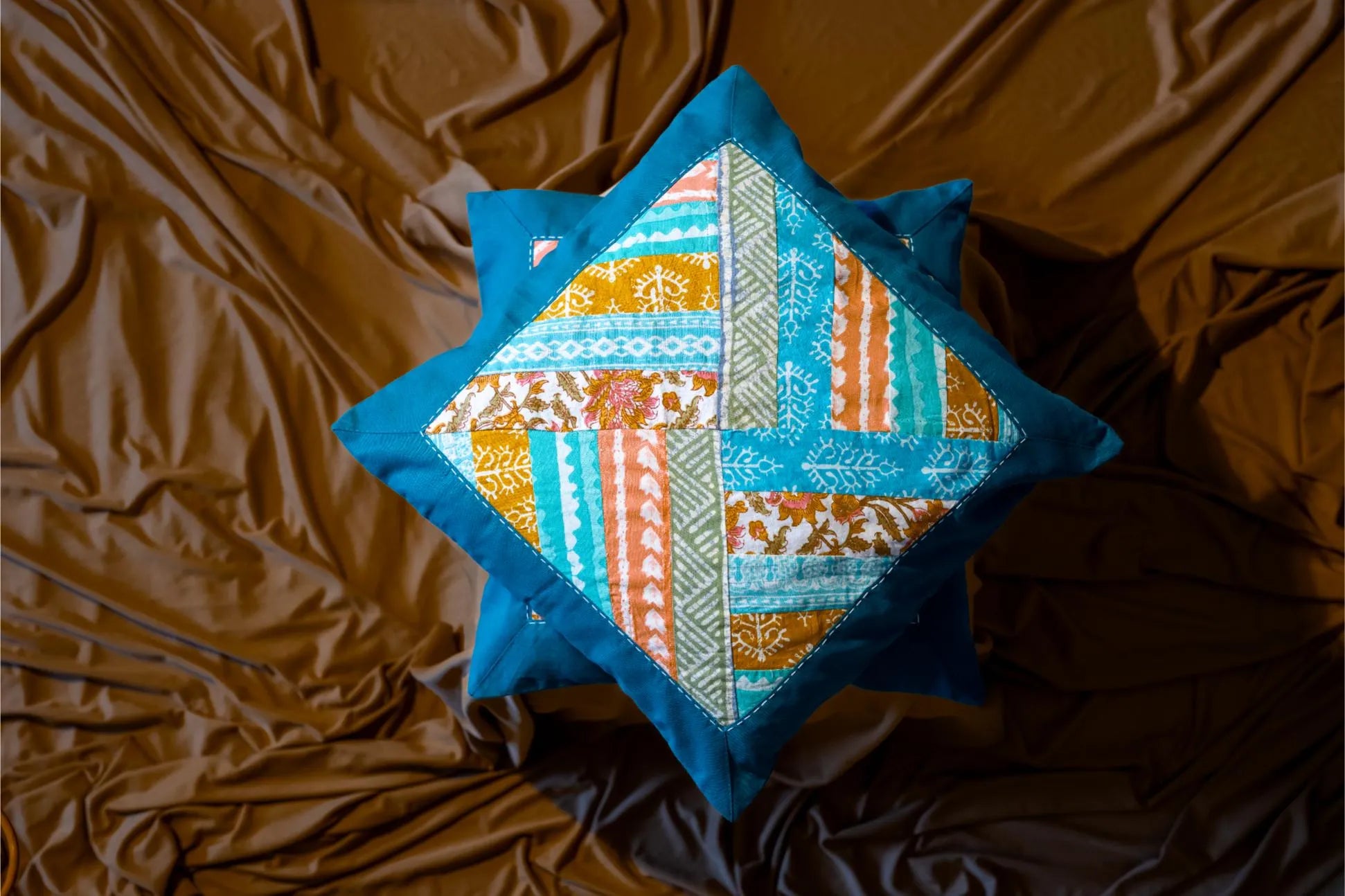 Earth Story Teal BLUE Patchwork Cushion Cover 16"x16" -  Set of 2