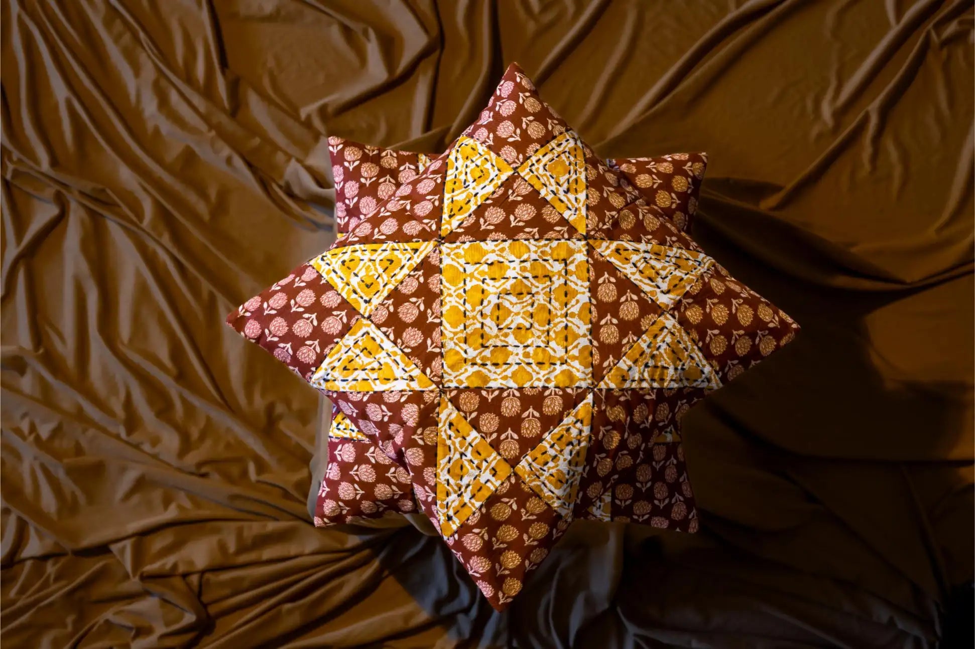 Earth Story Yellow Red Patchwork Cushion Cover 16"x16" - Set of 2