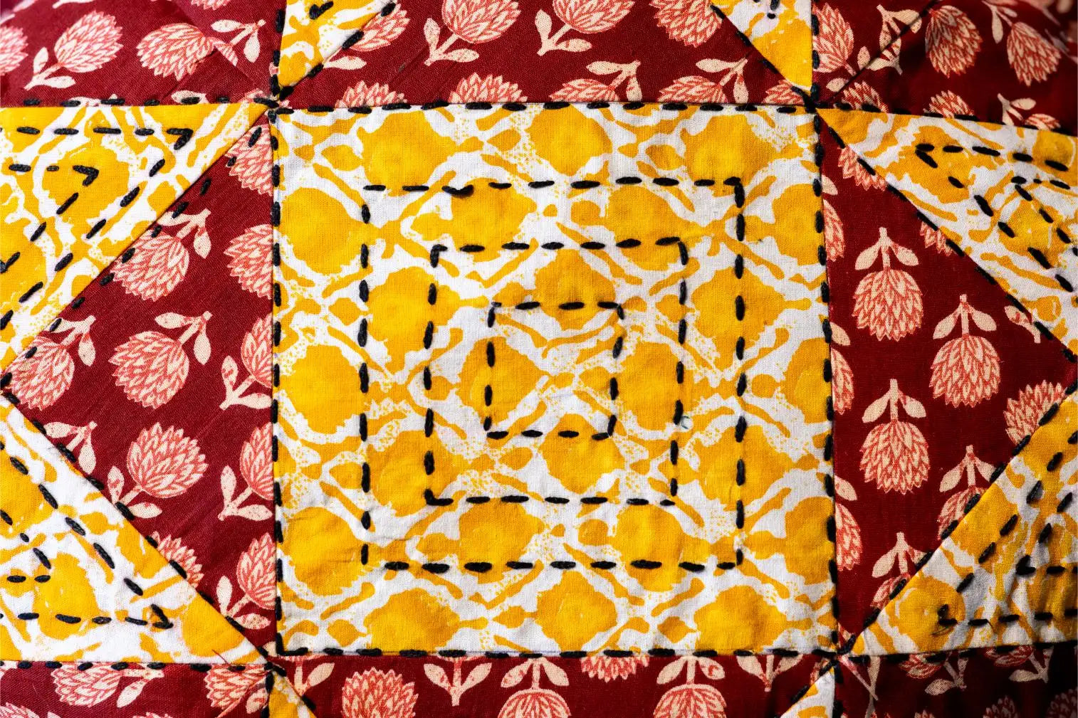 Earth Story Yellow Red Patchwork Cushion Cover 16"x16" - Set of 2