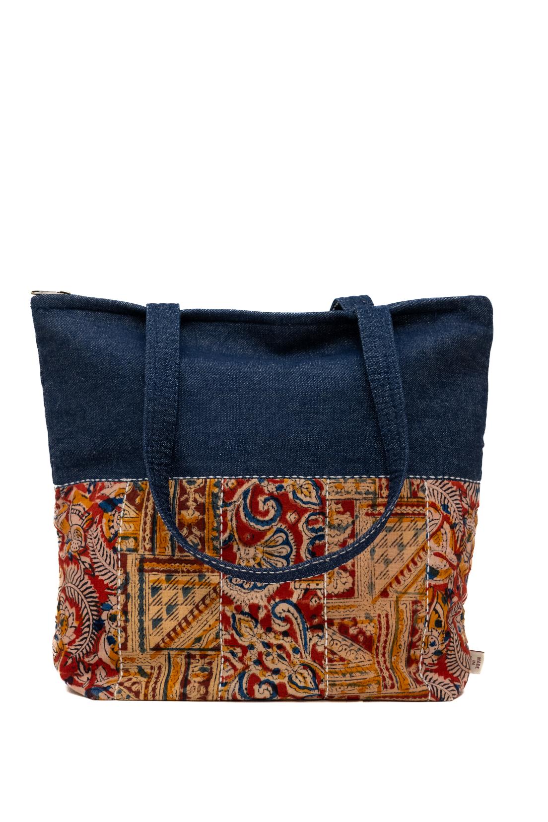 Earth Story Urban Essential Tote with Upcycled Denim and Kalamkari